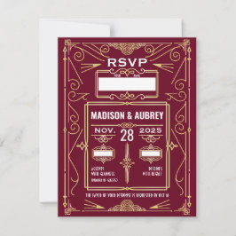 Invitación Respuesta RSVP de Art Deco Boda Gold Burgundy