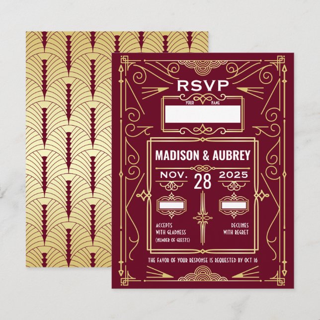 Invitación Respuesta RSVP de Art Deco Boda Gold Burgundy (Anverso / Reverso)