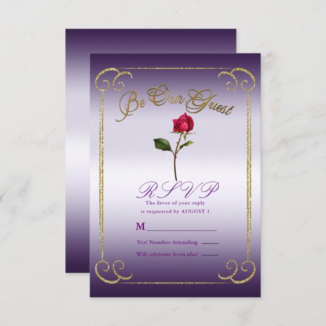 Invitación Respuesta RSVP de Boda de Belleza Rosa Roja Púrpur (Anverso / Reverso)