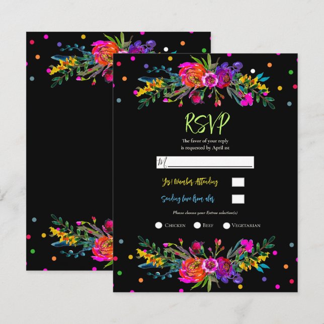 Invitación Respuestas de RSVP de floral y negro brillante mod (Anverso / Reverso)
