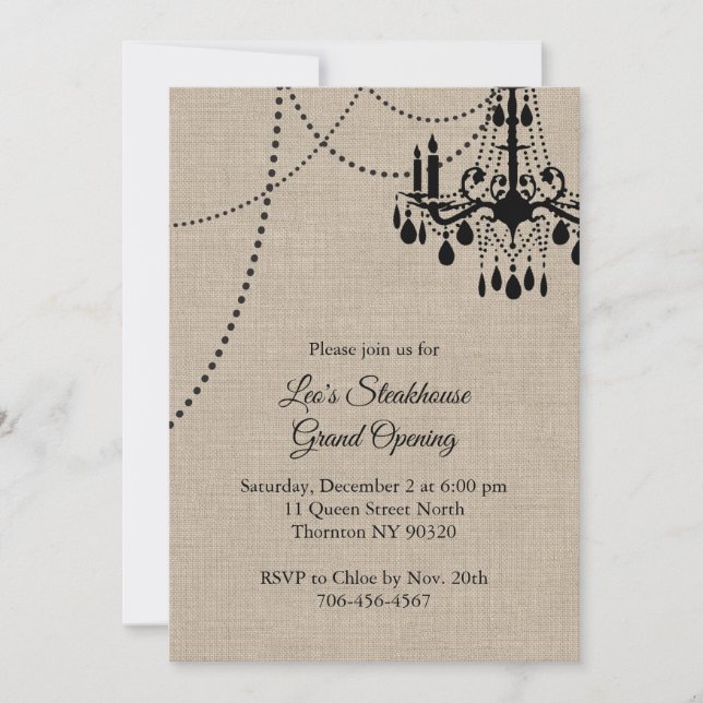Invitación Restaurante Burlap Gran Apertura con lámpara de ar (Anverso)