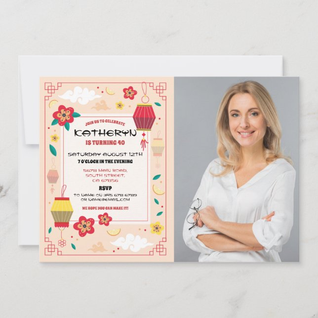 Invitación Restaurante chino de fiesta de cumpleaños ausente  (Anverso)