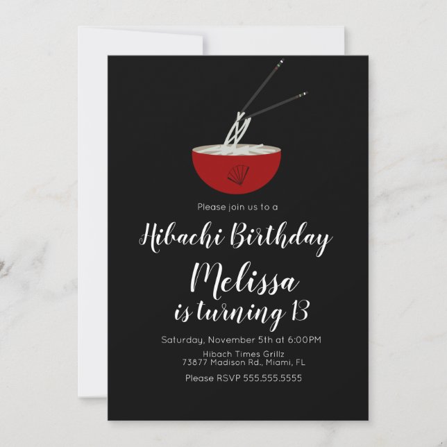 Invitación Restaurante de cena de cumpleaños oriental Hibachi (Anverso)