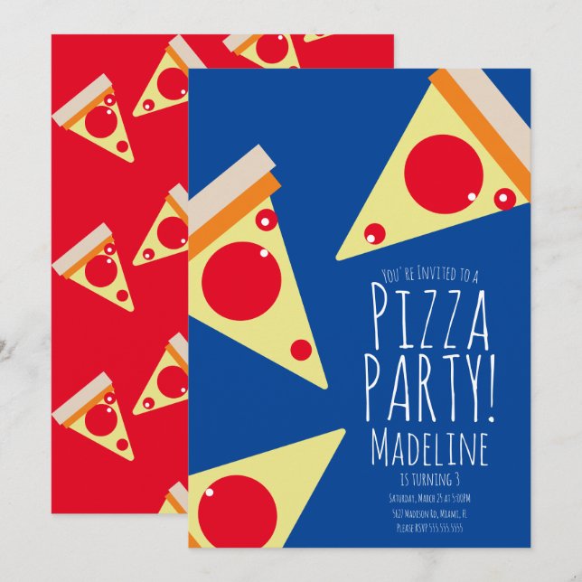 Invitación Restaurante Fiesta de Cumpleaños Pizza Negrita Azu (Anverso / Reverso)