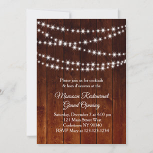 Invitación Restaurante Grand Opening Twinkle Luces de madera 