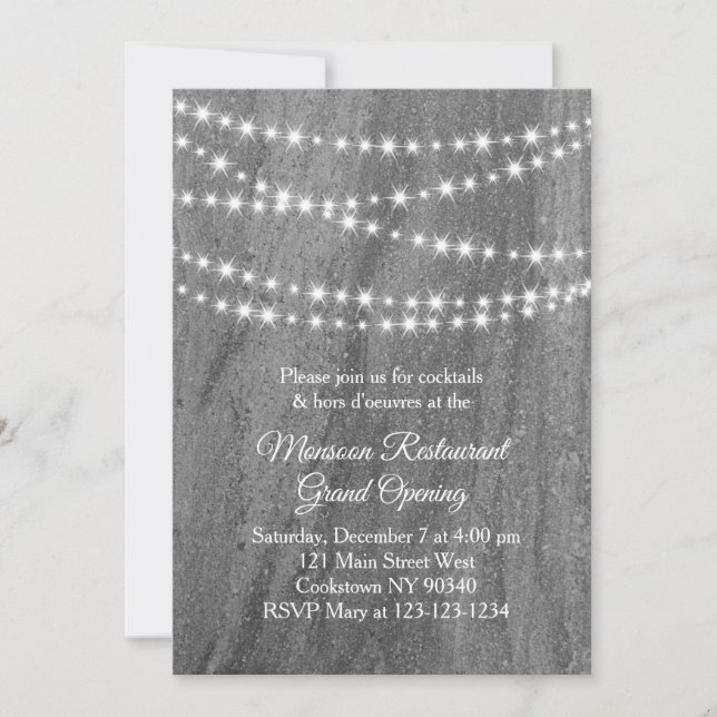 Invitación Restaurante Grand Opening Twinkle Luces granito (Anverso)