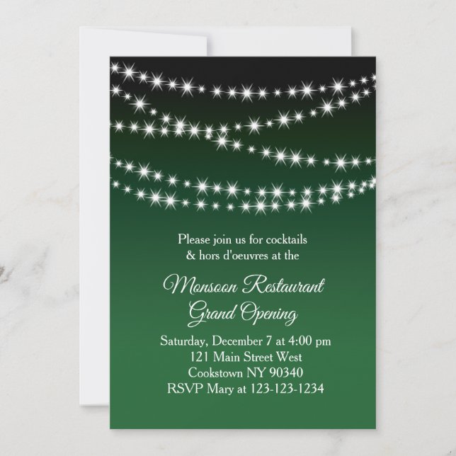 Invitación Restaurante Grand Opening Twinkle Luces verde oscu (Anverso)
