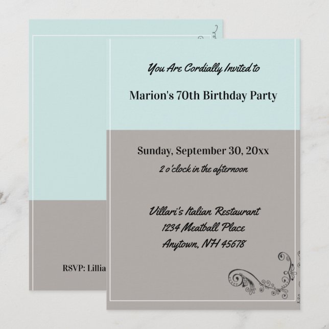 Invitación Restaurante Mint Blue Gray Birday Party (Anverso / Reverso)