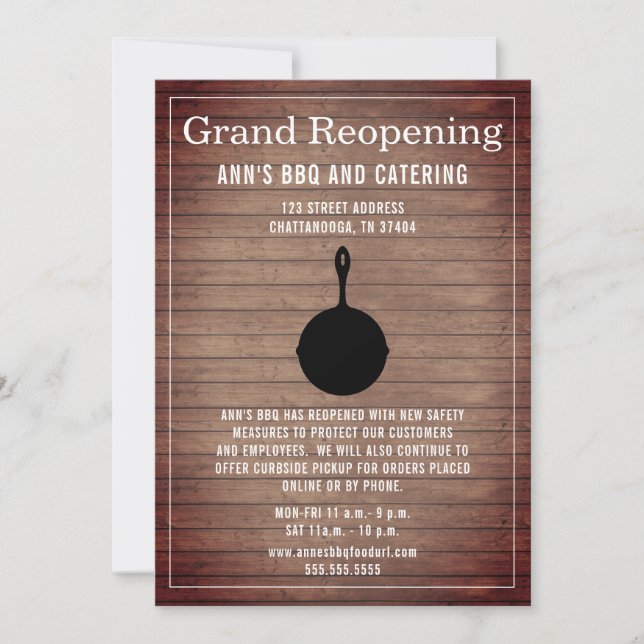 Invitación Restaurante Reabriendo Skillet De Madera Rusa (Anverso)