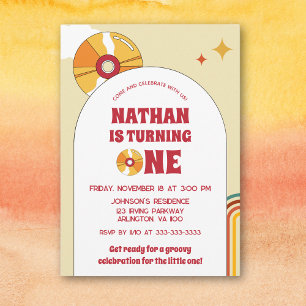 Invitación Resto Amarillo Primer Niño Cumpleaños Groovy Fiest