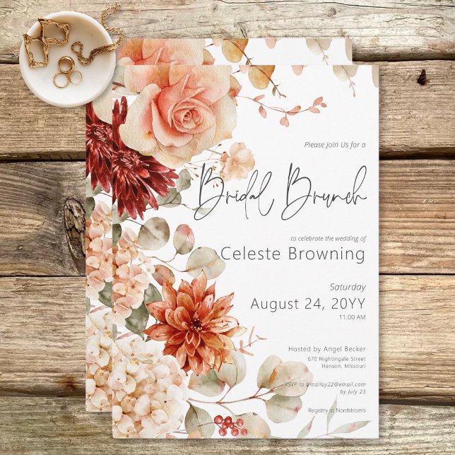 Invitación Resto picante de otoño y brunch de novia floral de (Spicy Fall Rust & Blush Boho Floral Bridal Brunch Invitation)