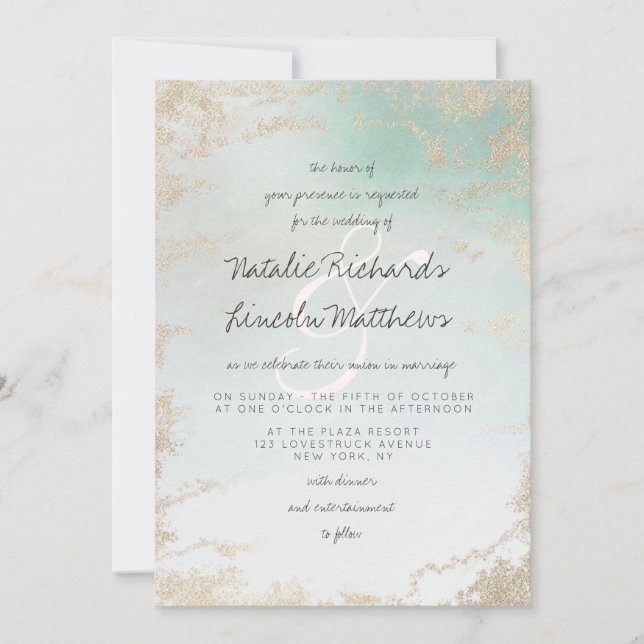 Invitación Resumen Aqua Ombre Fade with Frost Gold Purpurina (Anverso)