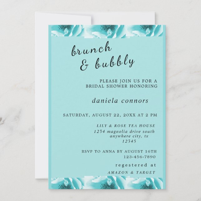 Invitación Resumen Azul y Blanco Florales Brunch & Bubbly (Anverso)