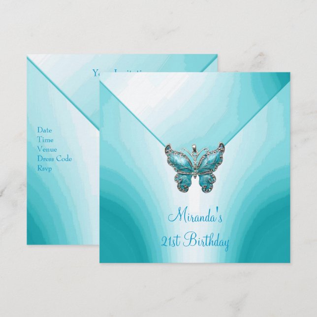 Invitación Resumen Blanco Azul mariposa 21 cumpleaños (Anverso / Reverso)