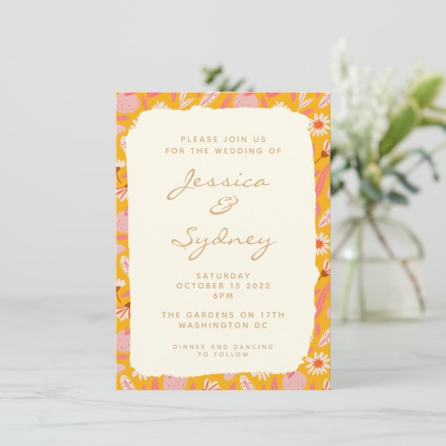 Invitación Resumen Boda Amarillo Boho Botánico Fruta (Anverso de pie)