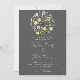 Invitación Resumen Boda amarillo y azul Bouquet Gray