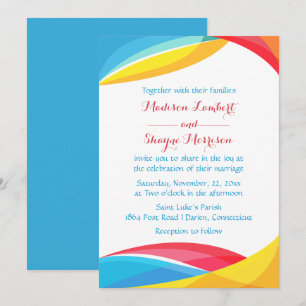 Invitación Resumen Boda azul ola arco iris rojo y amarillo