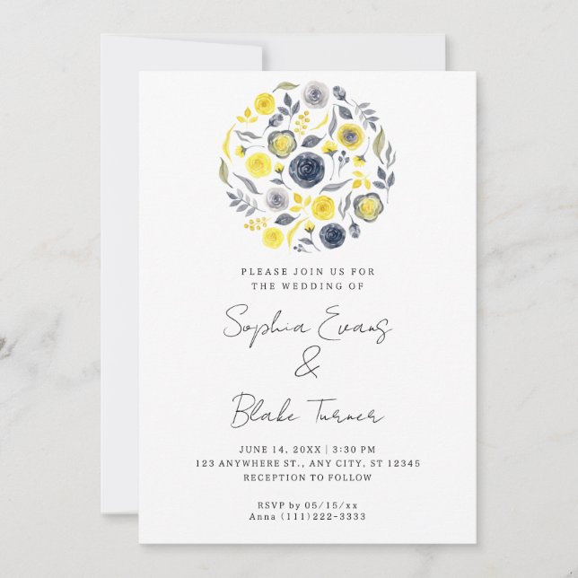 Invitación Resumen Boda blanco amarillo y azul Bouquet (Anverso)