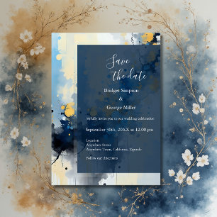 Invitación Resumen boda de ilustraciones de tinta azul y dora
