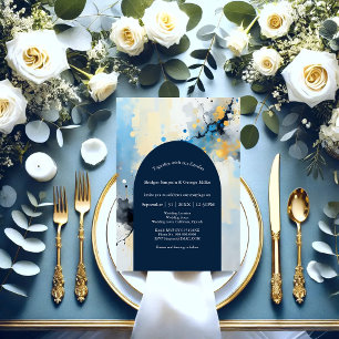 Invitación Resumen boda de ilustraciones de tinta azul y dora
