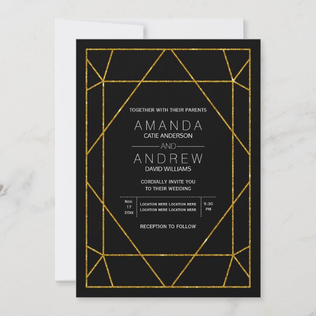 Invitación Resumen boda de joyas de purpurina de oro geométri (Anverso)