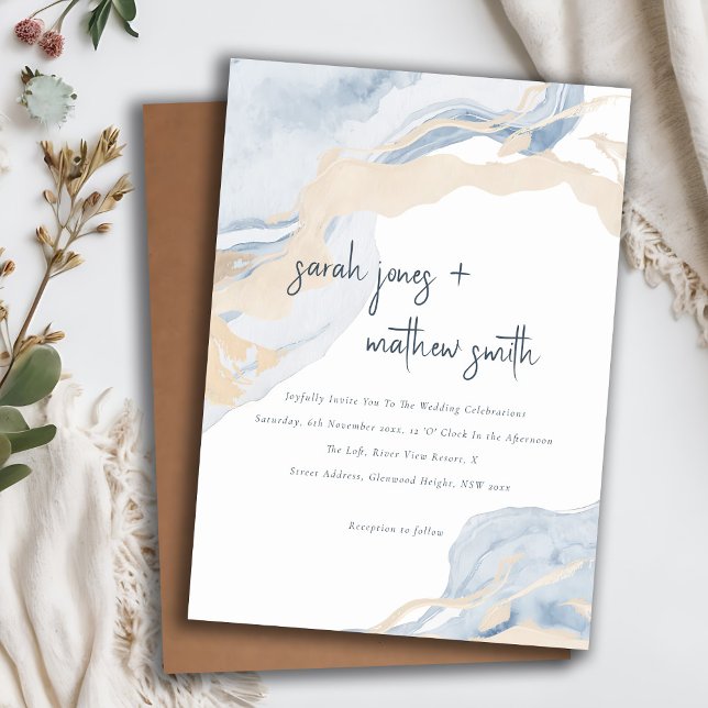 Invitación Resumen Boda de playa de arena azul beige de mar (Subido por el creador)