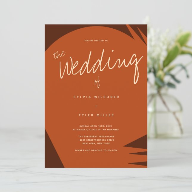 Invitación Resumen Boda de tipografía Naranja quemado en Brow (Anverso de pie)