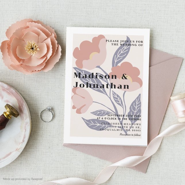 Invitación Resumen Boda rosa y azul retro floral (Subido por el creador)