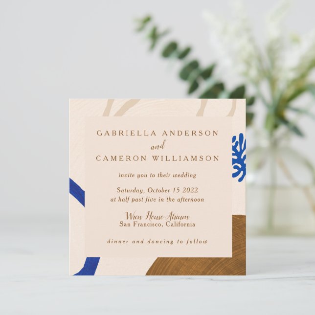 Invitación Resumen contemporáneo Boda beige azul botánico (Anverso de pie)