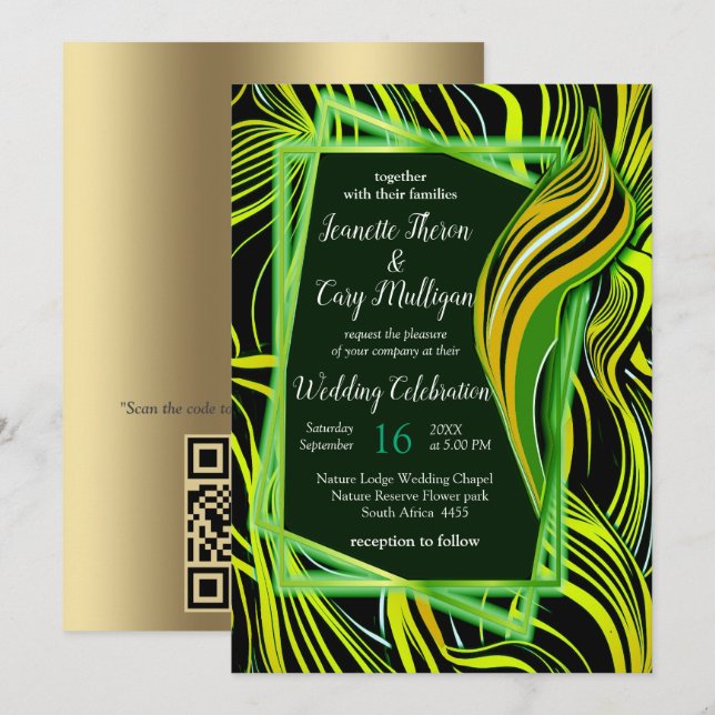 Invitación Resumen creativo negro, verde y Naranja sin foco (Anverso / Reverso)