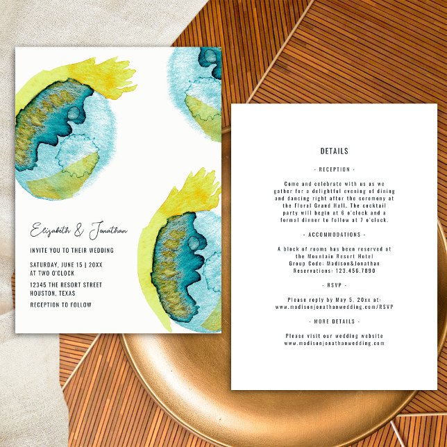 Invitación Resumen de acuarela arte único todo en un Boda (Front/Back)