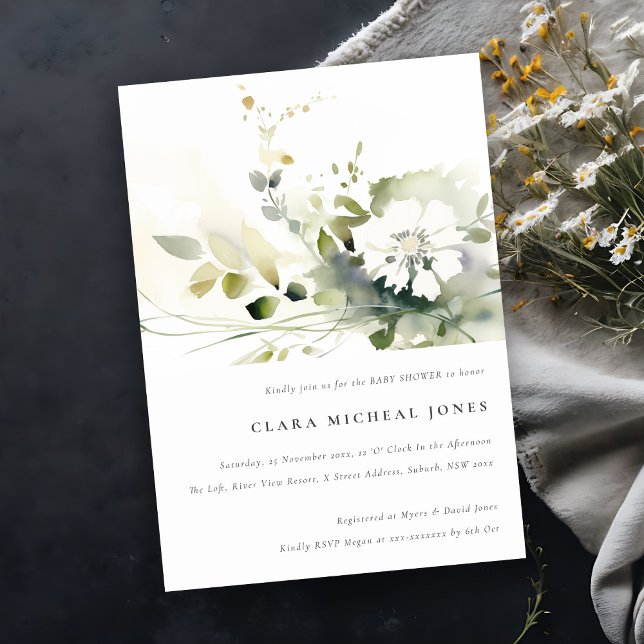 Invitación Resumen de Boho Baby Shower de Flora Blanca Verde (Subido por el creador)