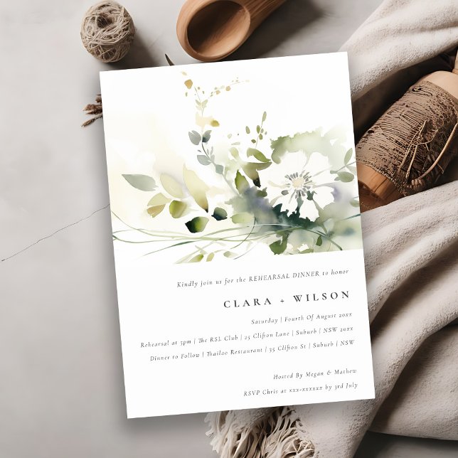 Invitación Resumen de Boho Ensayo de Floral Blanco Verde Cena (Subido por el creador)