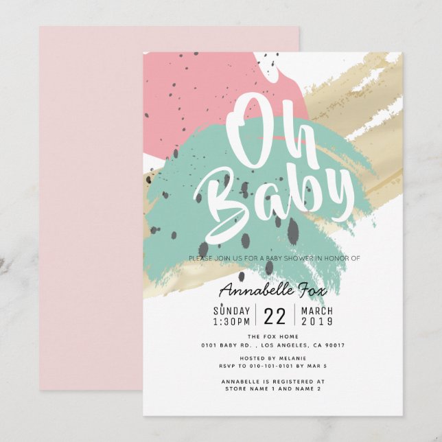 Invitación Resumen de brochas de pincel moderno roza Baby Sho (Anverso / Reverso)