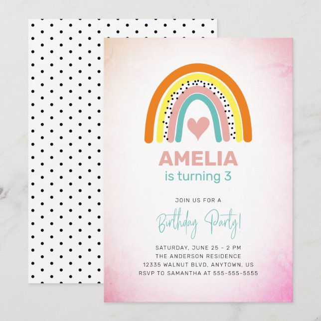 Invitación Resumen de Chicas arcoiris Fiesta de tercer cumple (Anverso / Reverso)