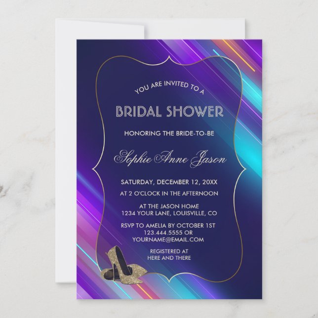 Invitación Resumen de Glam Neon Purple Blue Gold Bridal Showe (Anverso)