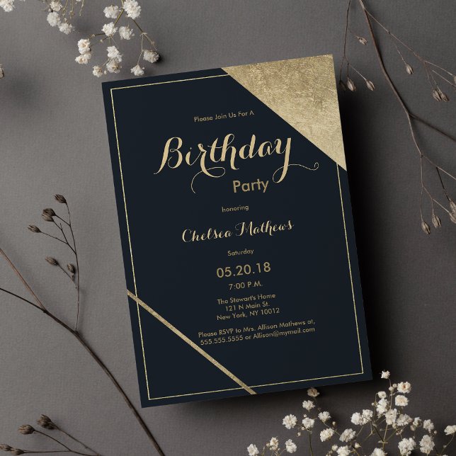 Invitación Resumen de la fiesta geométrica de oro azul oscuro (Abstract dark blue gold geometric Birthday Party)