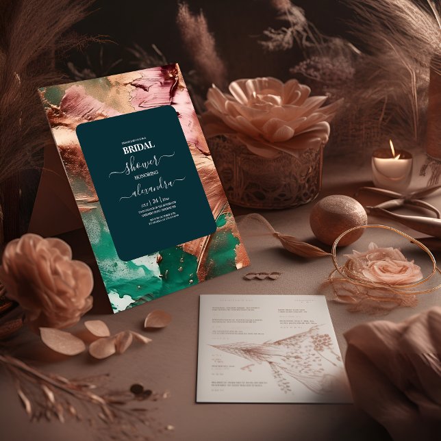 Invitación Resumen de la novia de oro de rosa verde esmeralda (Subido por el creador)