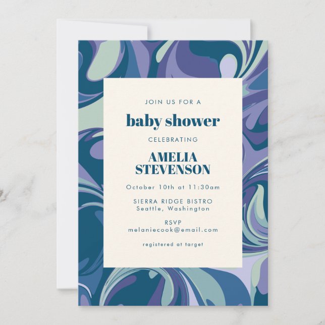 Invitación Resumen de Marble Azul Swirl Elegante Baby Shower (Anverso)
