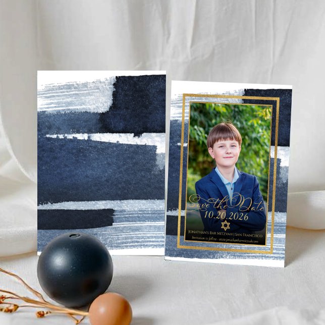 Invitación Resumen de oro Bar fotográfico azul Mitzvah Save t (Subido por el creador)