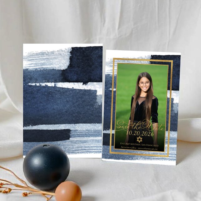 Invitación Resumen de oro Foto azul Bat Mitzvah Guardar fecha (Subido por el creador)
