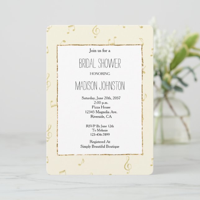 Invitación Resumen de oro Music Notes Bridal Shower (Anverso de pie)