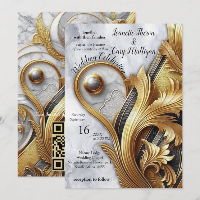 Invitación Resumen de oro sobre texturas de mármol negro y mi (Anverso / Reverso)