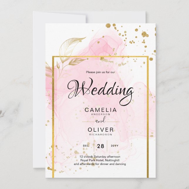 Invitación Resumen de tinta para alcohol de BODA de ORO PINK (Anverso)