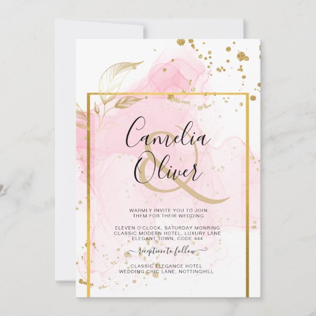 Invitación Resumen de tinta para alcohol de BODA de ORO PINK (Anverso)