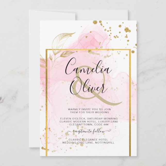 Invitación Resumen de tinta para alcohol de BODA de ORO PINK (Anverso)