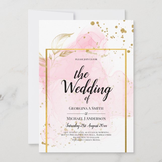 Invitación Resumen de tinta para alcohol de BODA de ORO PINK (Anverso)