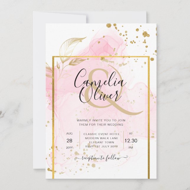 Invitación Resumen de tinta para alcohol de BODA de ORO PINK (Anverso)
