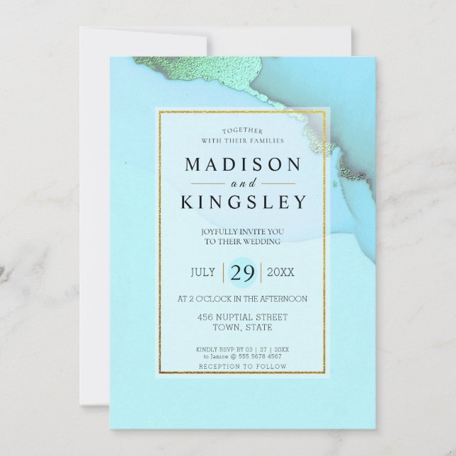 Invitación Resumen del Oro Azul Increíble Boda de Presupuesto (Anverso)