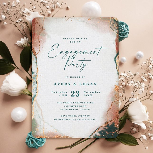 Invitación Resumen del Partido de compromiso etéreo Verde azu (Teal and Copper Engagement Party Invitation)